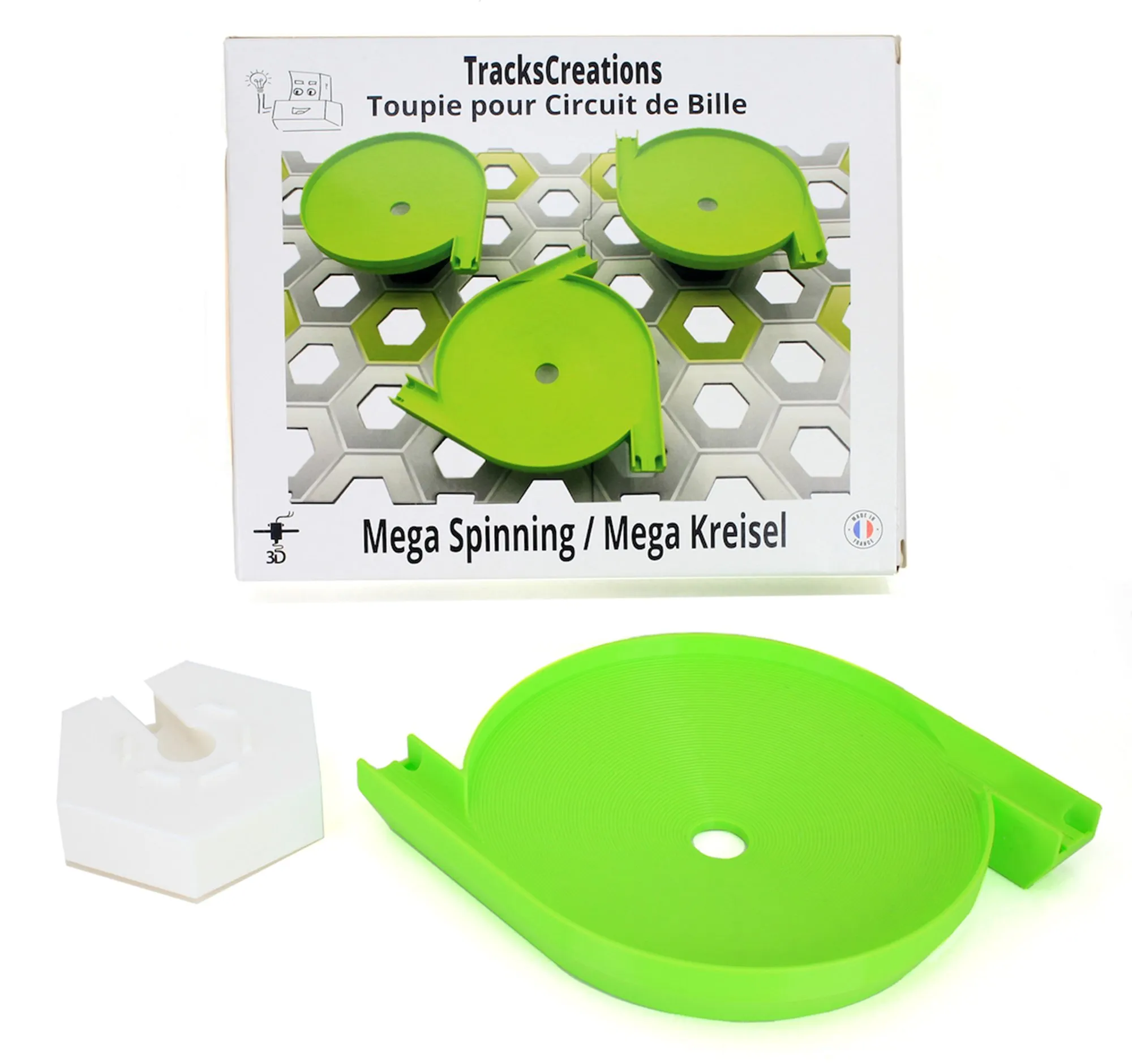 Toupie entonnoir 2 entrées verte et son support blanc devant la boîte TracksCreations