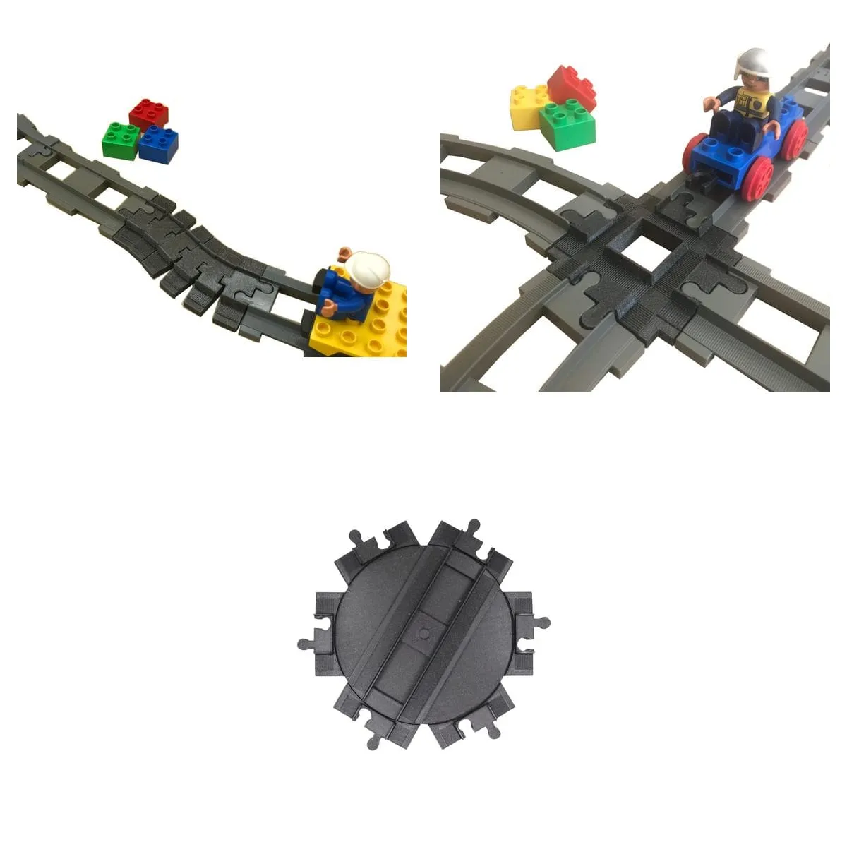 Les trois pièces du kit train, rail flexible, croisement 4 voies et croisement rotatif noirs