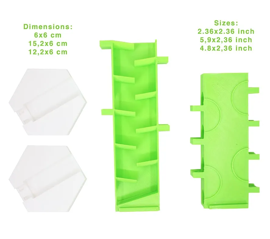 Supports blancs, zigzag vertical et demi-tour vertical verts avec leurs dimensions : 15,2 × 6 cm et 12,2 × 6 cm