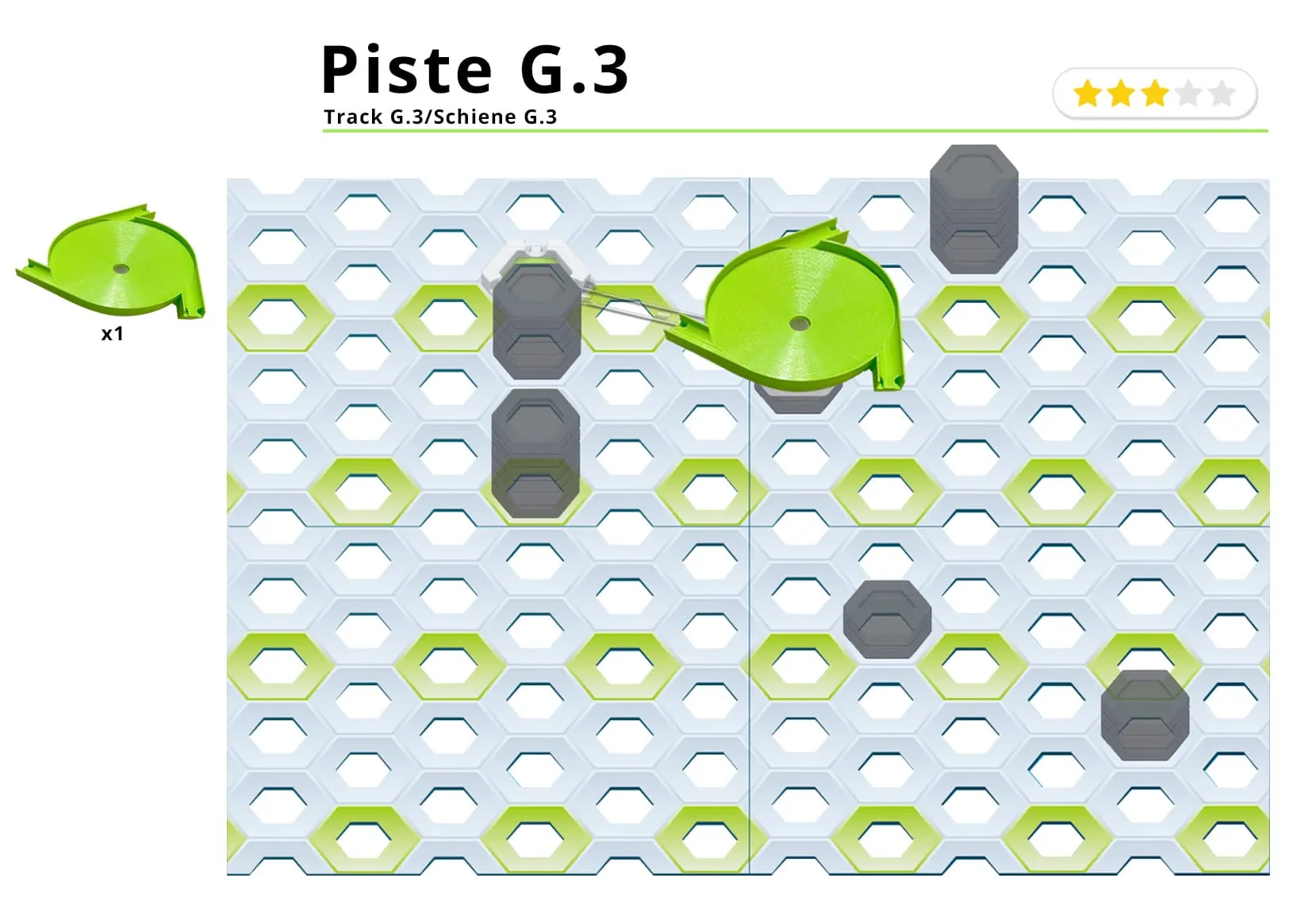 Page du livret : plan de construction de la piste G.3 avec une méga toupie triple entrée