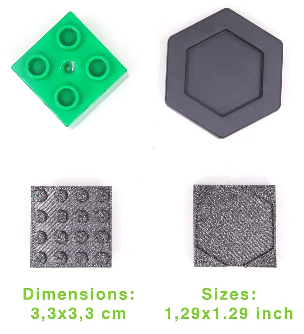 Adaptateur à plots et adaptateur hexagonal noirs avec une brique DUPLO verte, dimensions : 3,3 × 3,3 cm