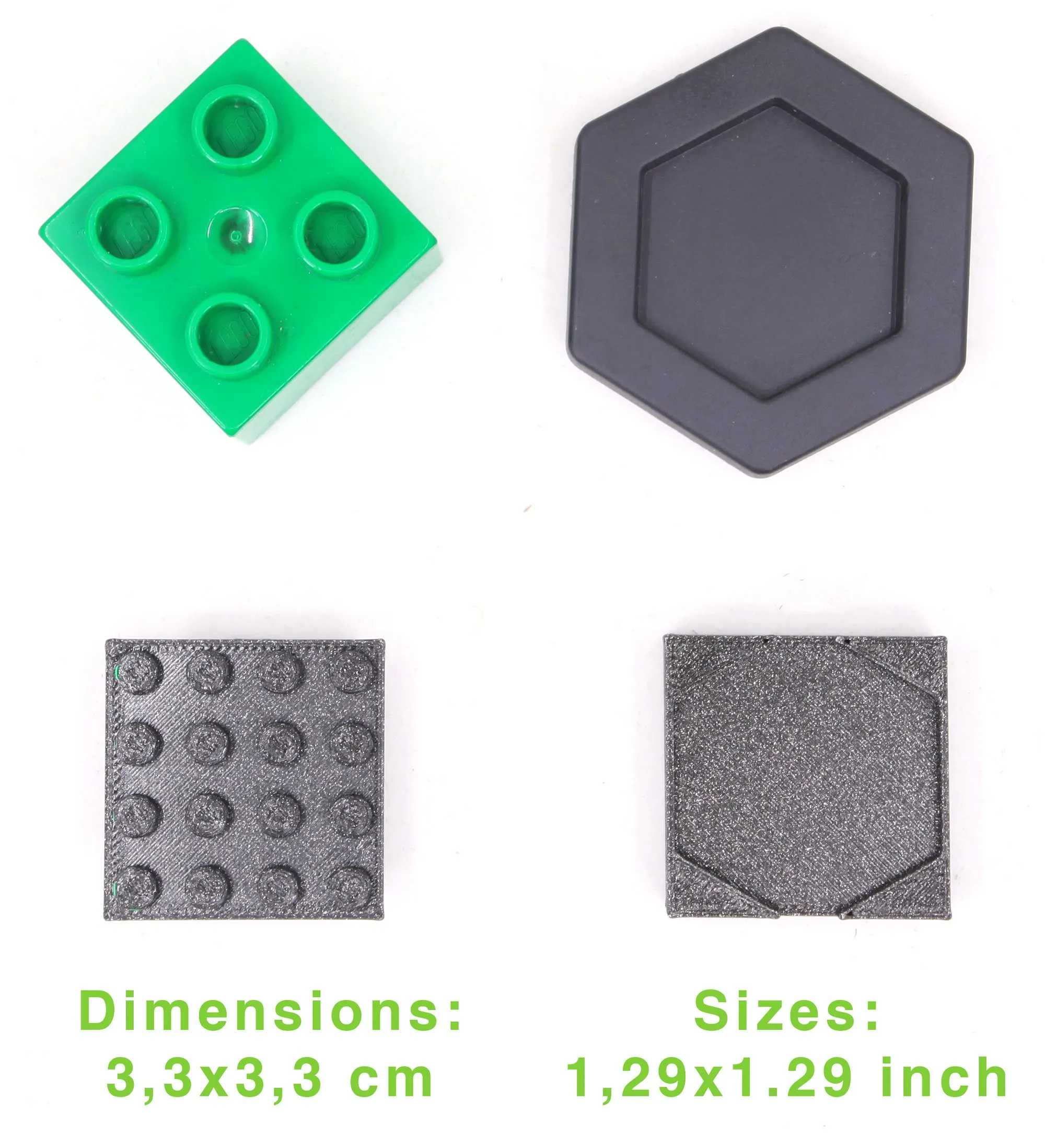 Adaptateur à plots et adaptateur hexagonal noirs avec une brique DUPLO verte, dimensions : 3,3 × 3,3 cm