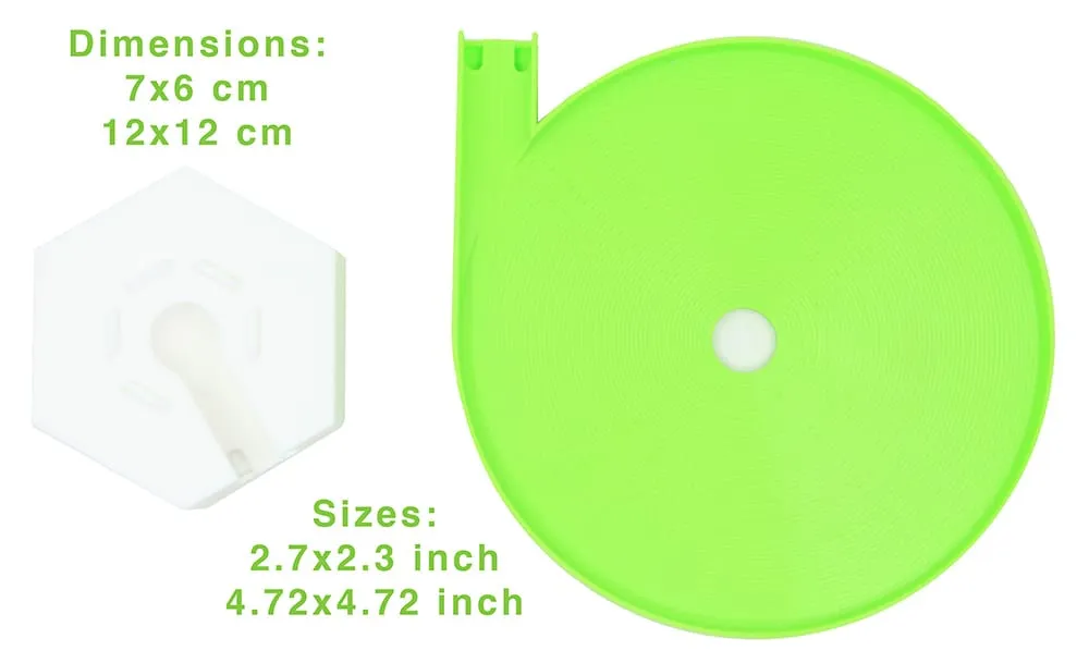 Méga toupie verte et son support blanc avec leurs dimensions : 12 × 12 cm et 7 × 6 cm