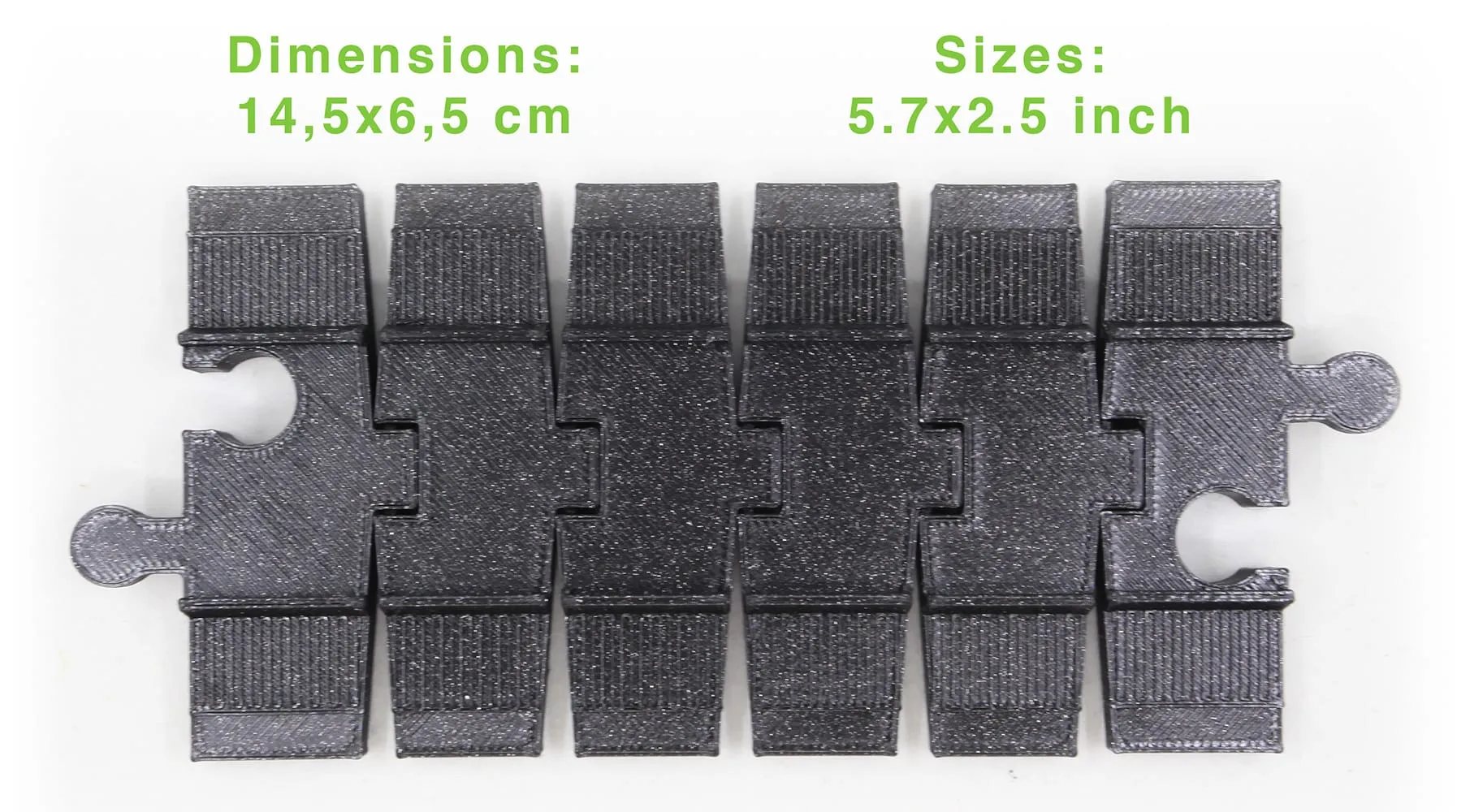 Rail flexible noir à six segments articulés avec ses dimensions : 14,5 × 6,5 cm