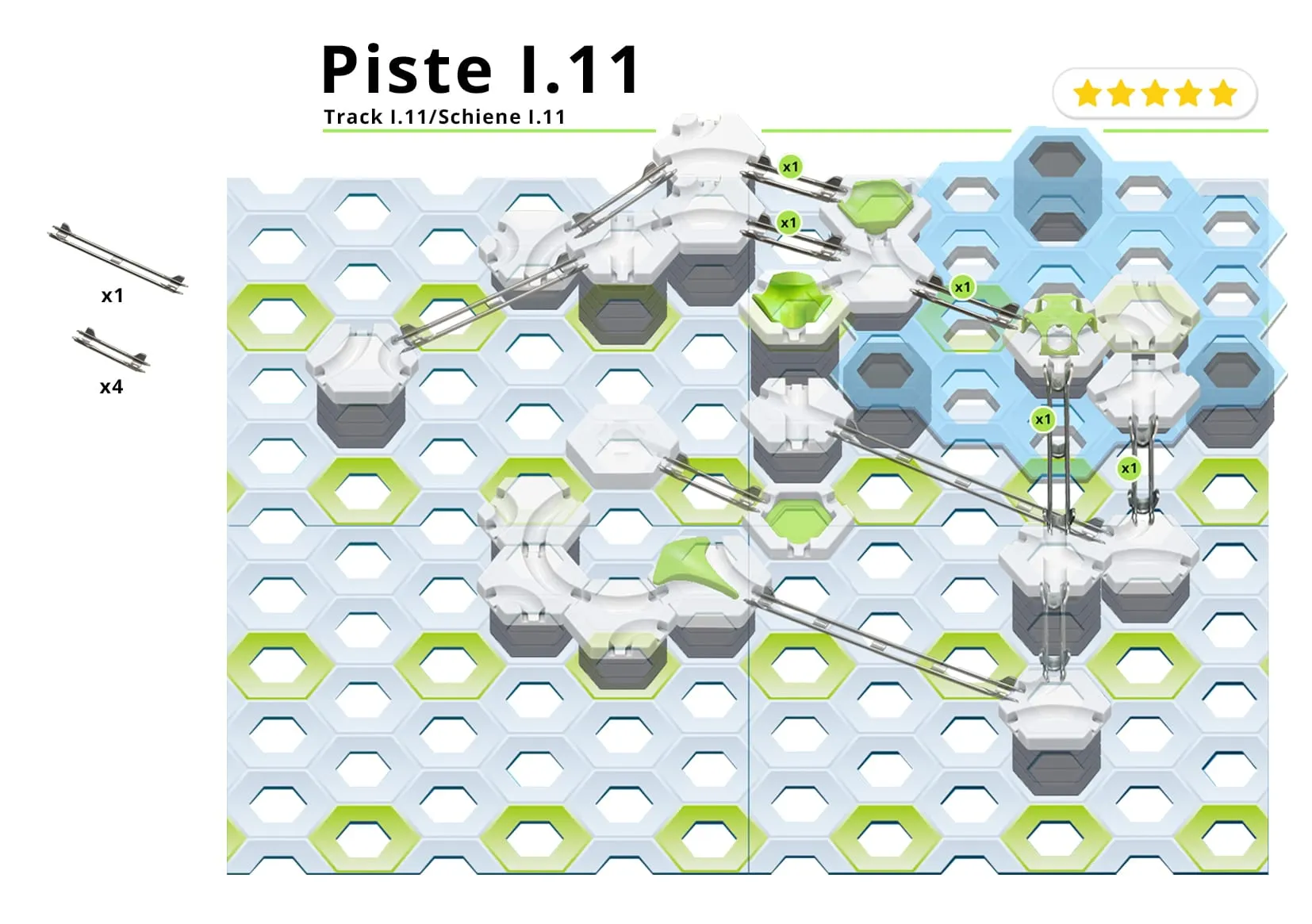 Page du livret : plan de construction de la piste I.11 avec rails et pièces à prévoir