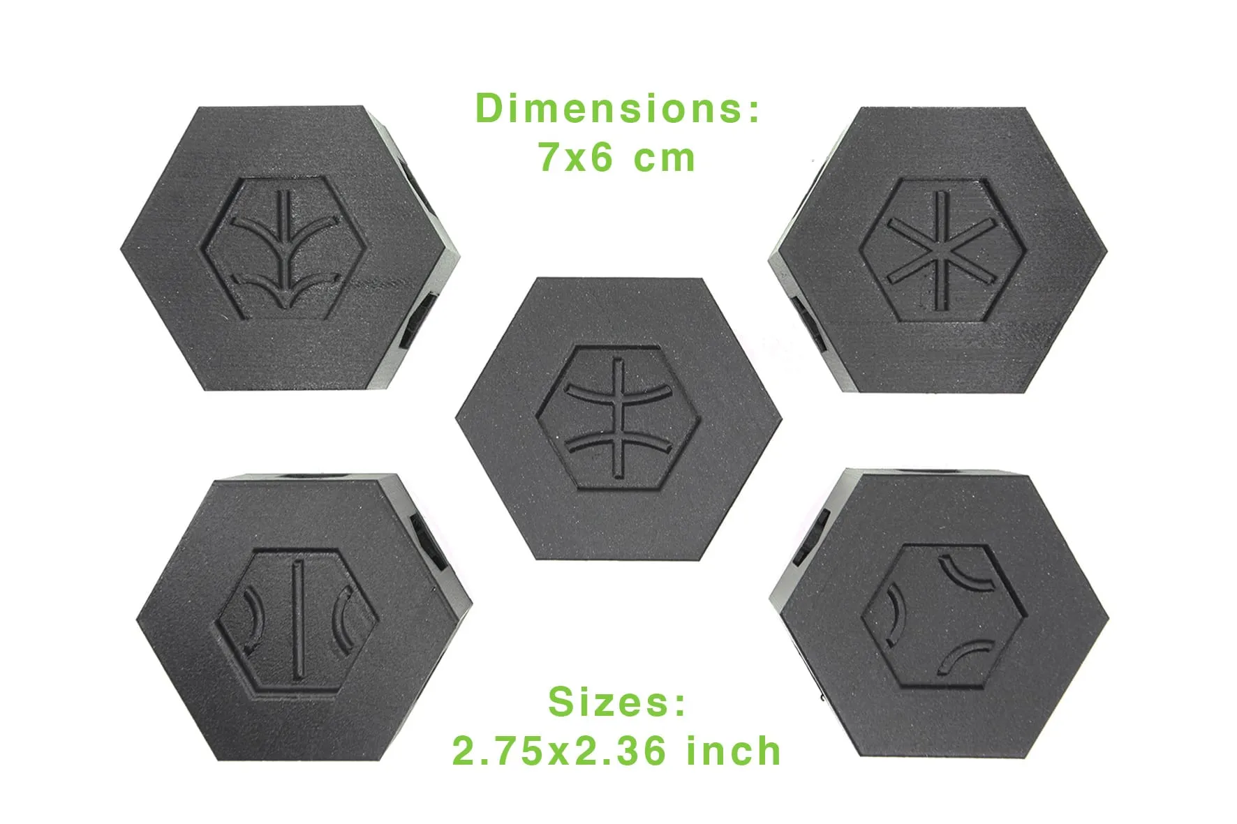 Cinq tunnels noirs hexagonaux aux motifs en relief, avec leurs dimensions : 7 × 6 cm