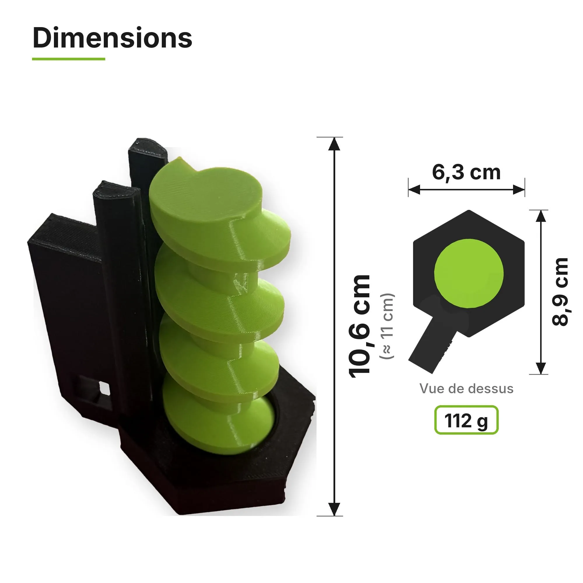 Dimensions de l’ascenseur à billes de 11 cm : 10,6 cm de haut, base de 6,3 × 8,9 cm, 112 g