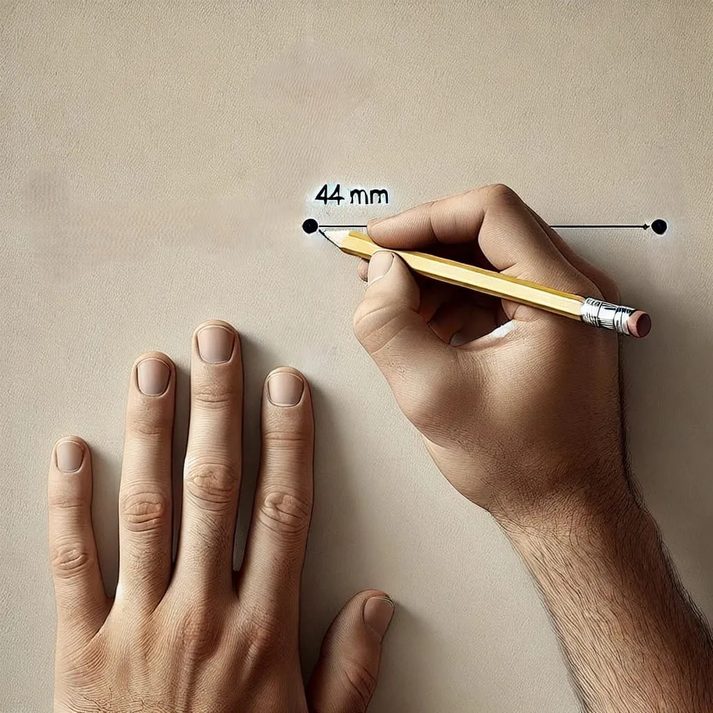 Repérage au crayon de l’entraxe de 44 mm sur un mur avant la fixation