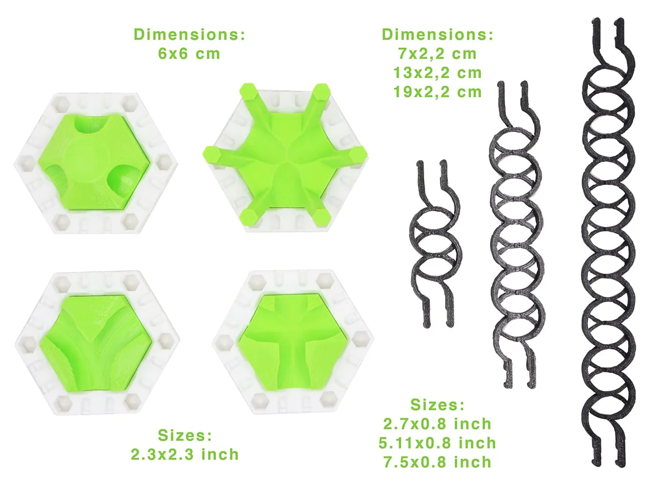 Pièces du pack Fun avec leurs dimensions : plaques de 6 × 6 cm et rails zigzag de 7, 13 et 19 cm