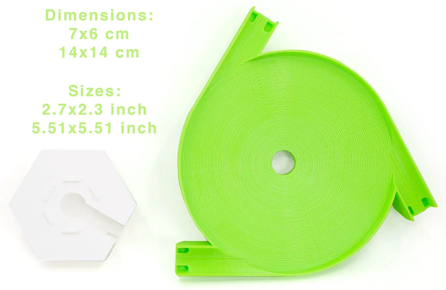 Méga toupie triple entrée verte et son support blanc avec leurs dimensions : 14 × 14 cm et 7 × 6 cm