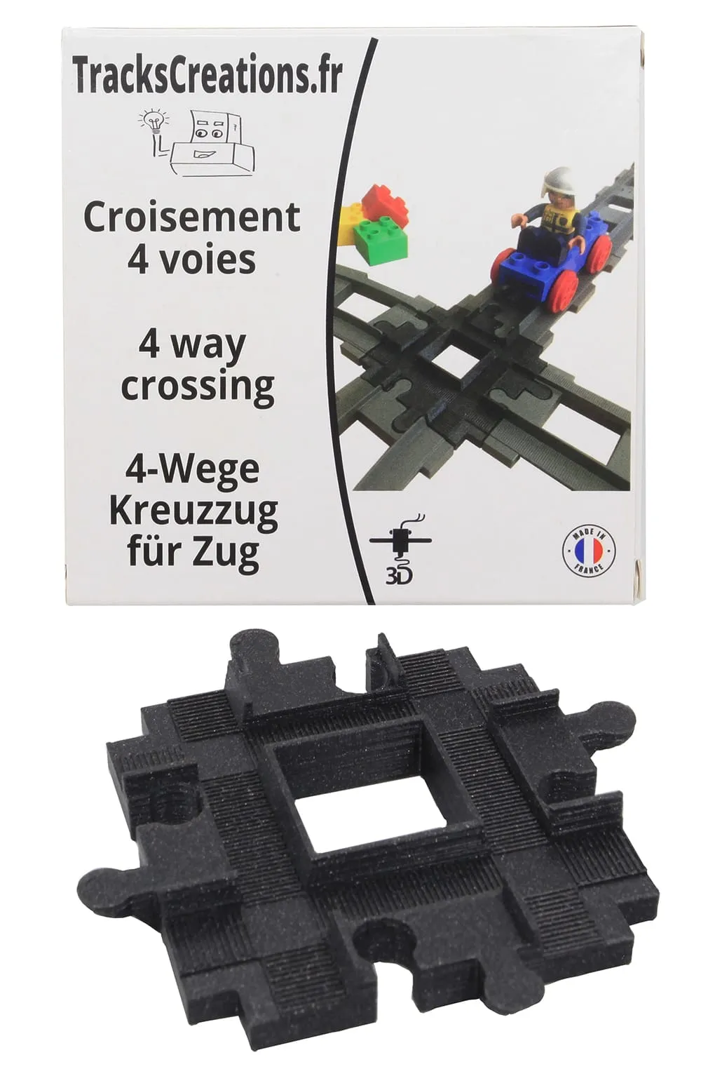 Croisement 4 voies noir devant sa boîte TracksCreations