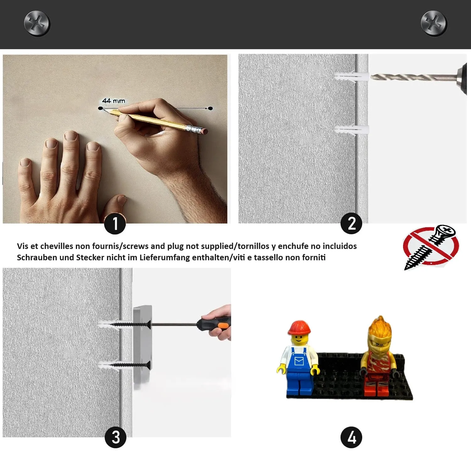 Étapes de fixation murale : repérage, perçage, chevilles et vis (non fournies), support installé avec deux figurines
