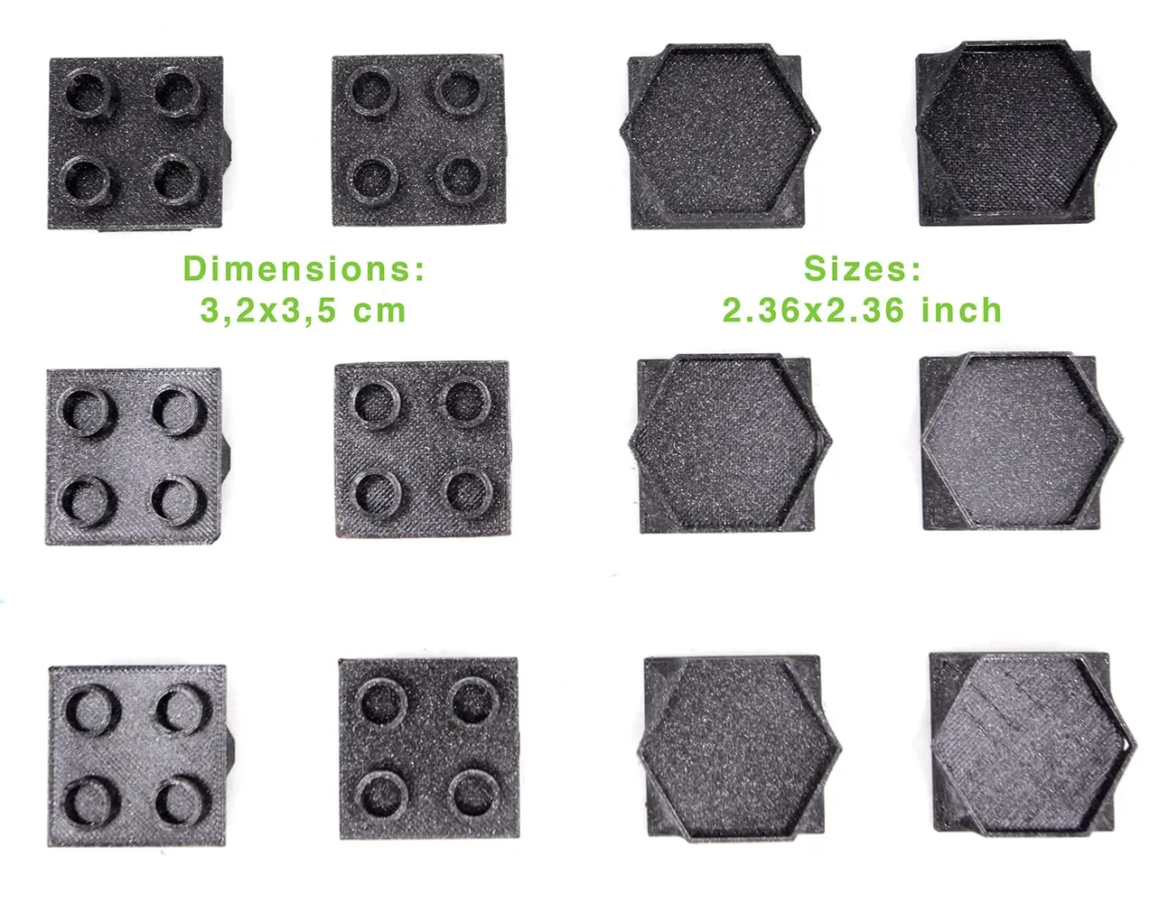 Six adaptateurs hauts et six adaptateurs bas noirs avec leurs dimensions (3,2 × 3,5 cm)