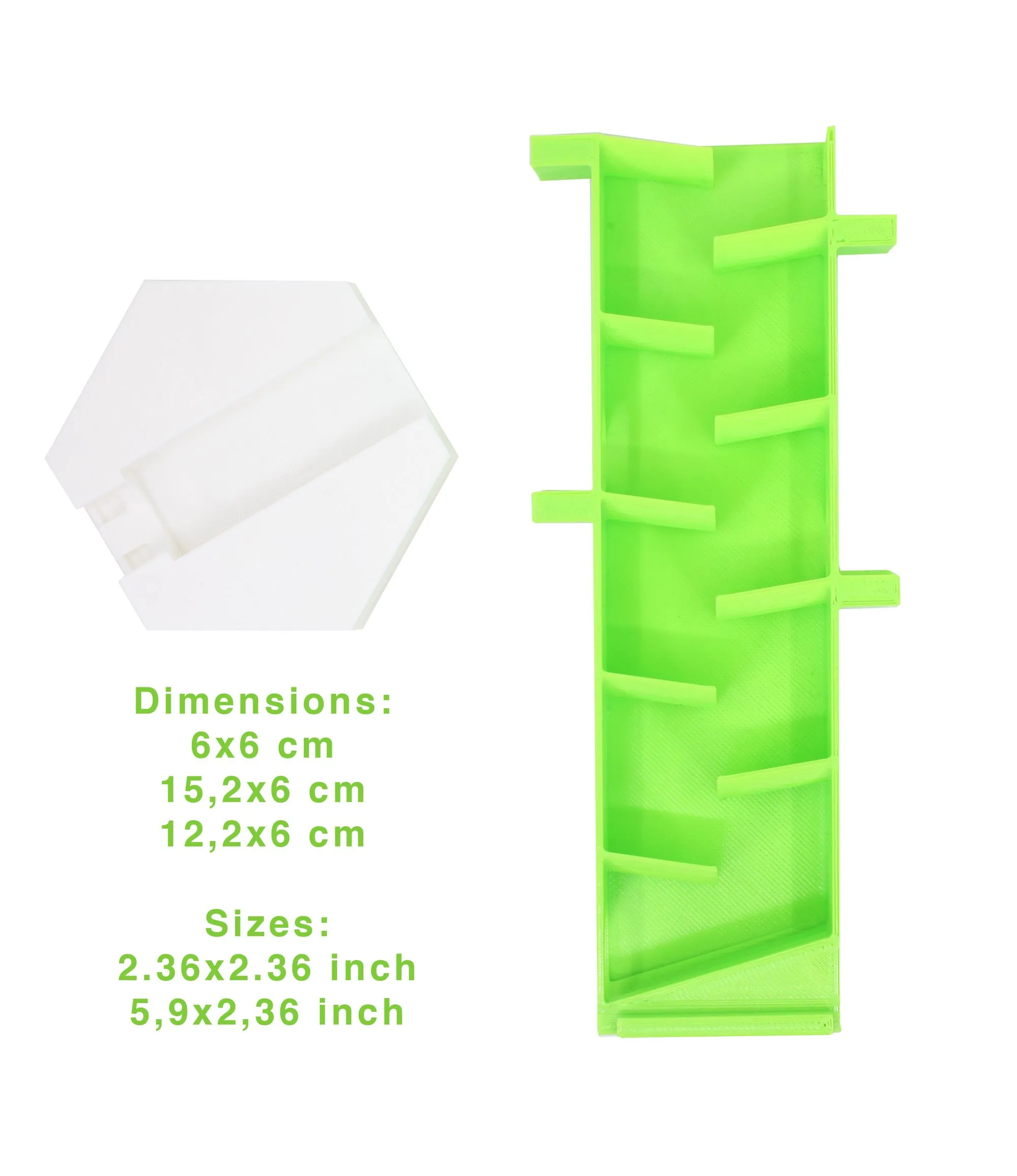Support blanc et zigzag vertical vert avec leurs dimensions : 6 × 6 cm et 15,2 × 6 cm